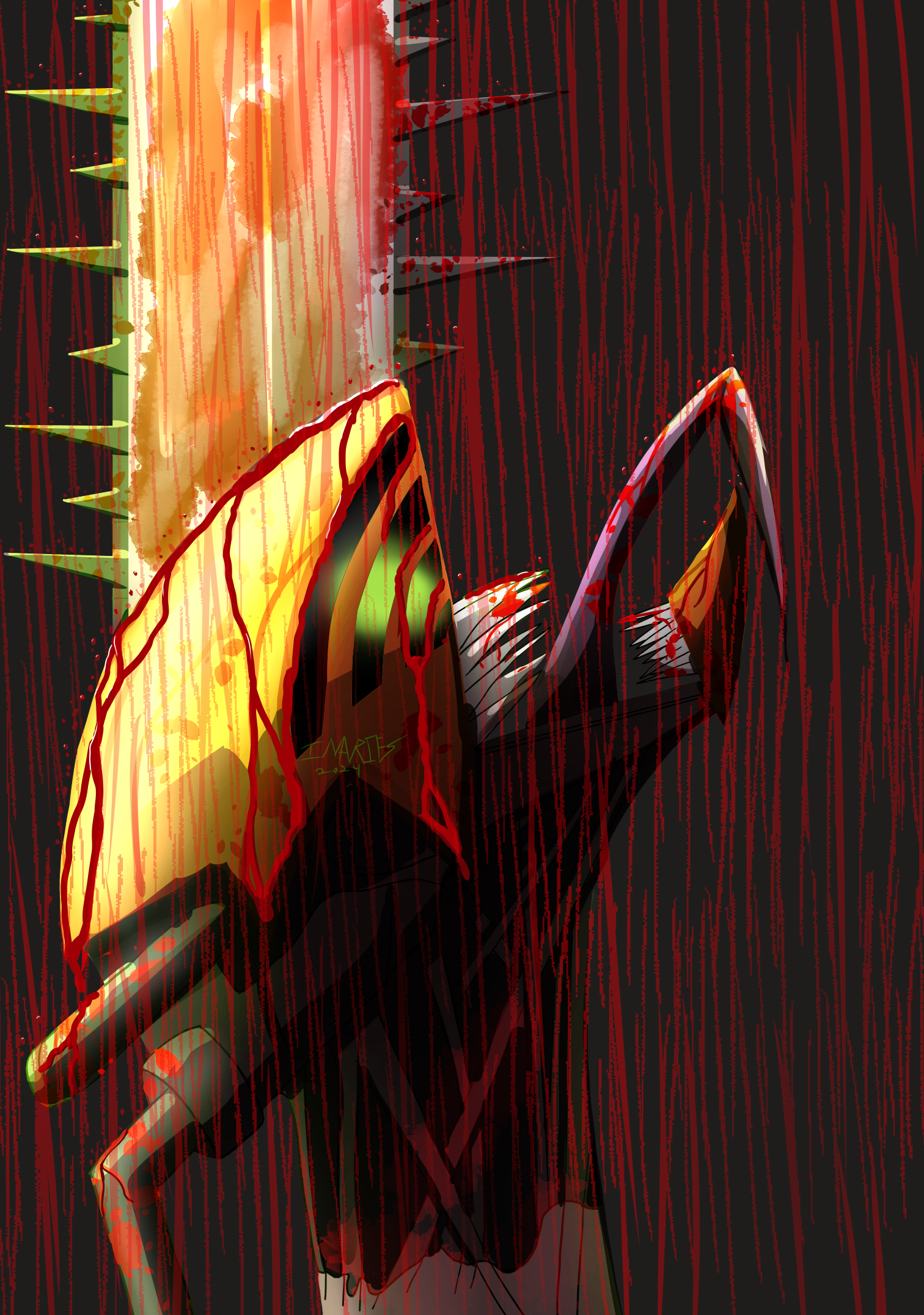 Denji the chainsawman screaming as it rains blood